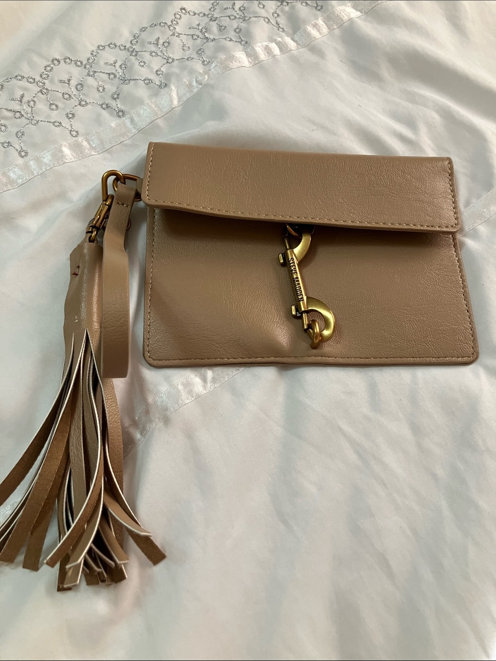Steve Madden Taupe Leather Tassel Wristlet Clutch with Gold Hardware